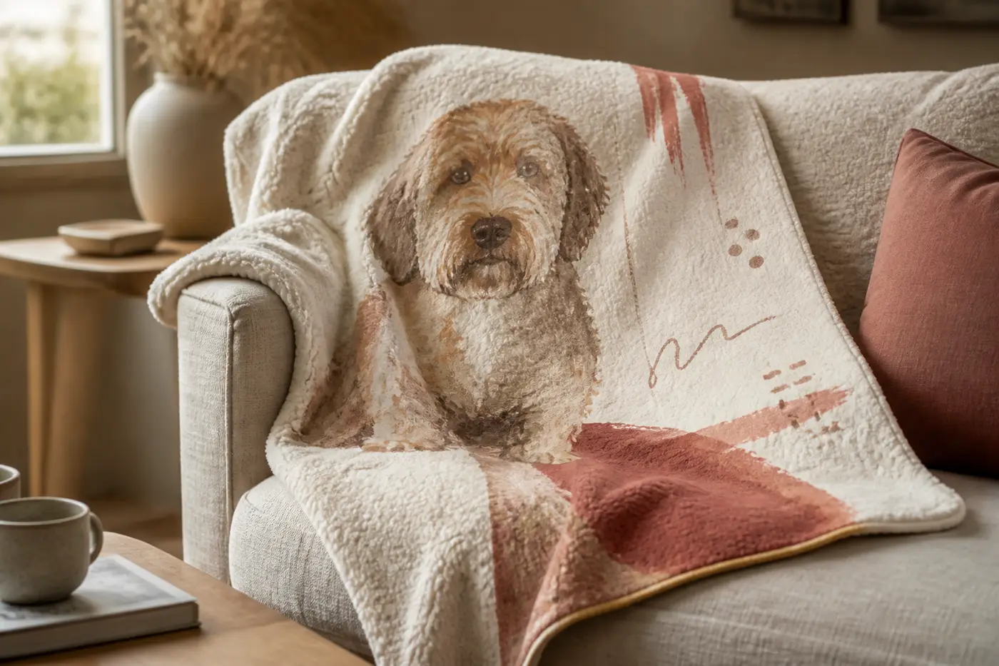 A personalised Kept & Co. memory blanket, printed with a portrait sample, draped over a sofa